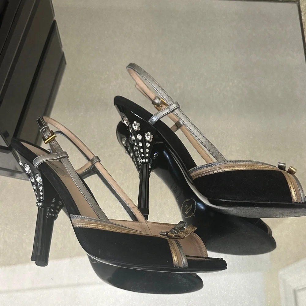 Prada Black and Gold Strappy Heels - Picture 2 of 8